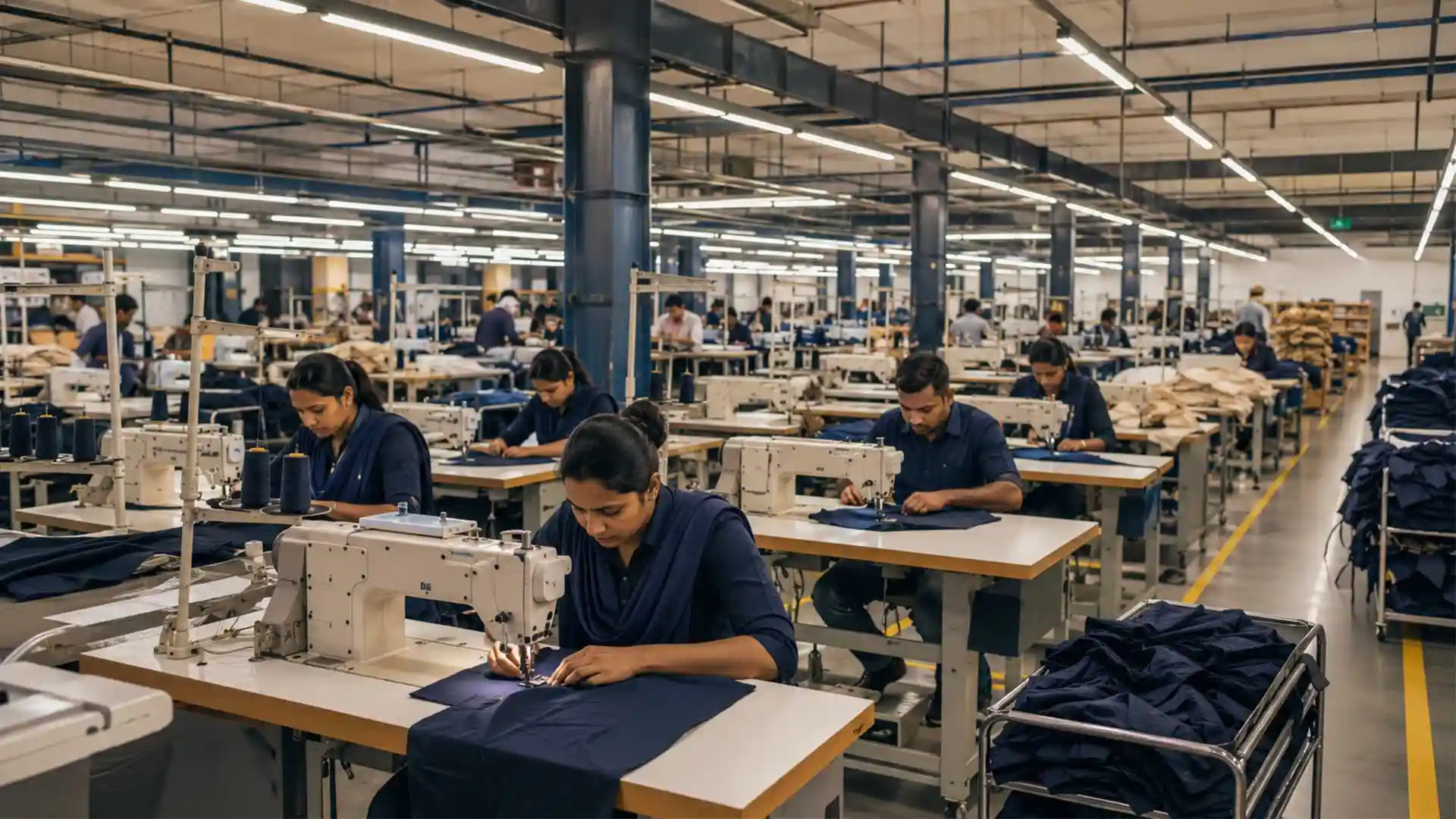 Organised apparel manufacturing floor with sewing stations and skilled production operators