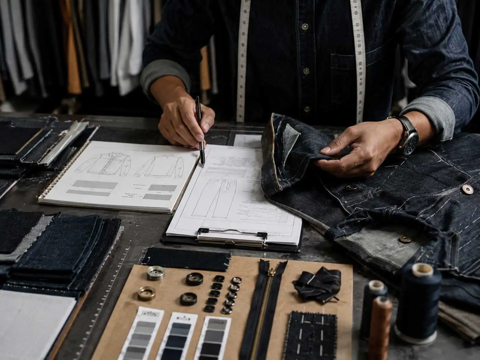 Technician reviewing garment specifications, denim materials and approved trims