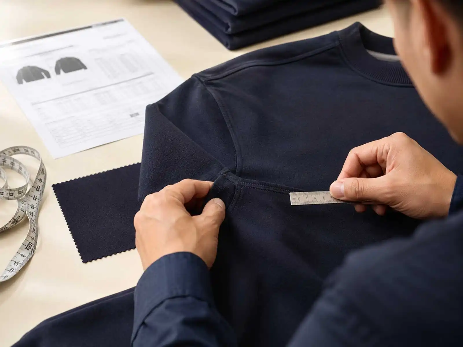 Quality-control specialist measuring the seam construction of a finished garment