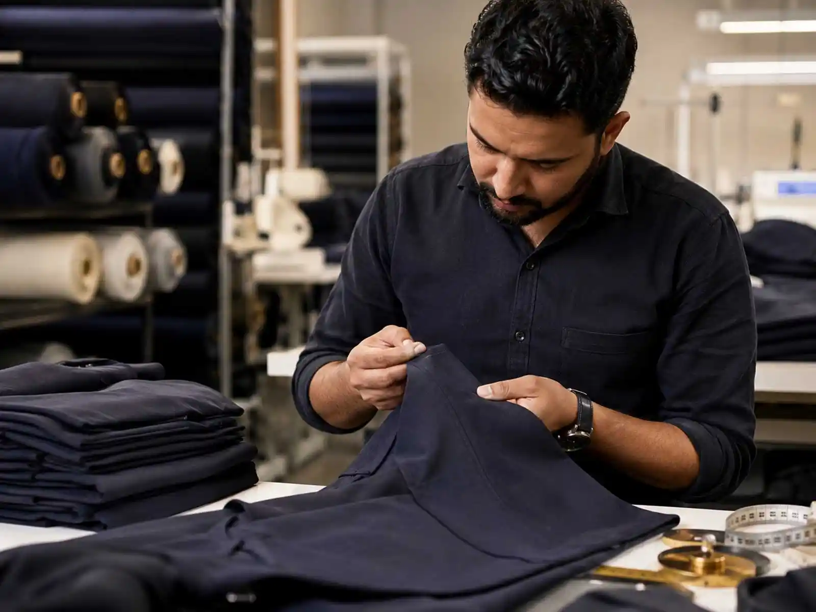 Apparel quality specialist inspecting garment construction in a manufacturing facility