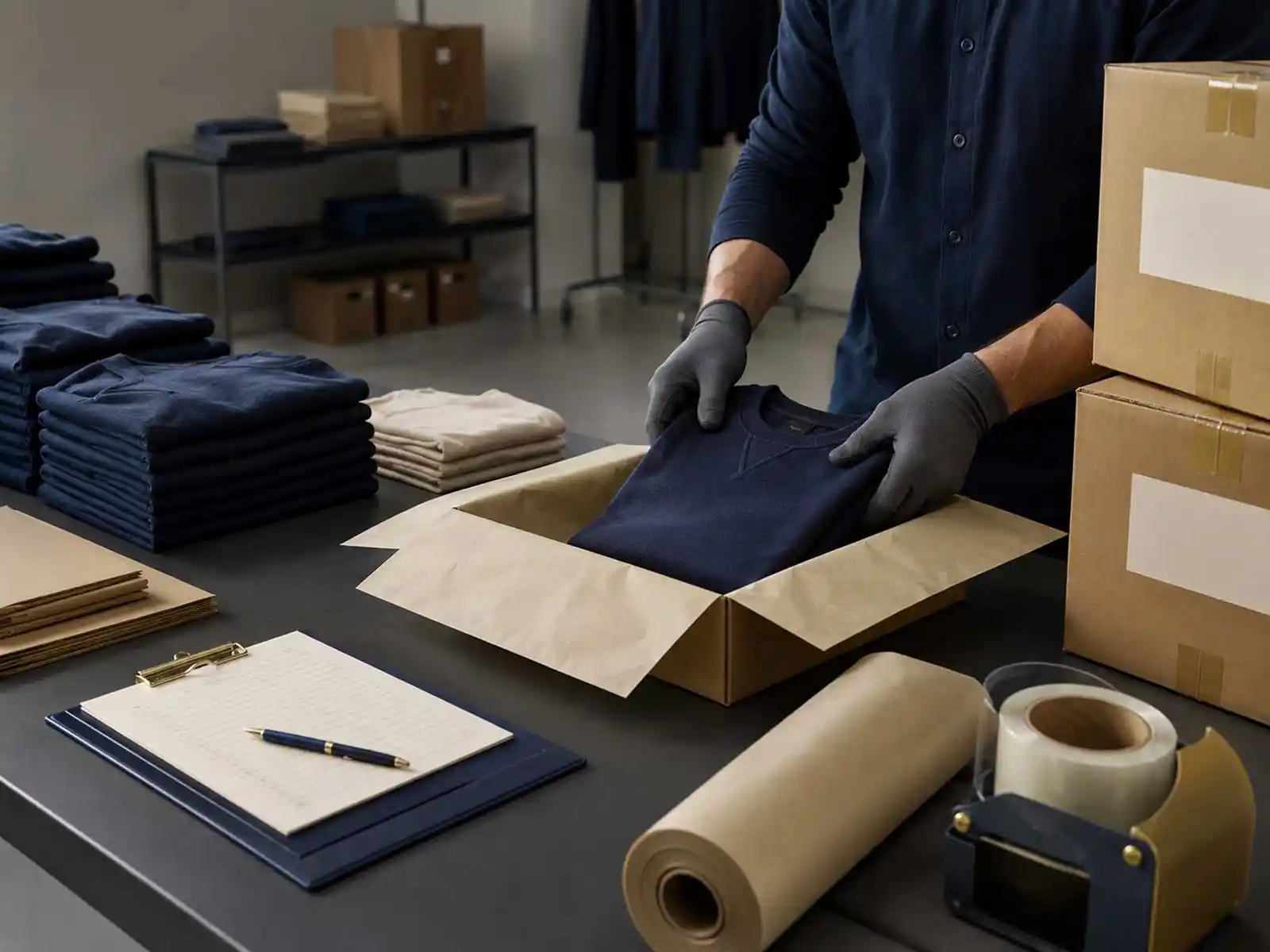 Apparel packing and carton preparation supporting global shipping readiness for finished programmes