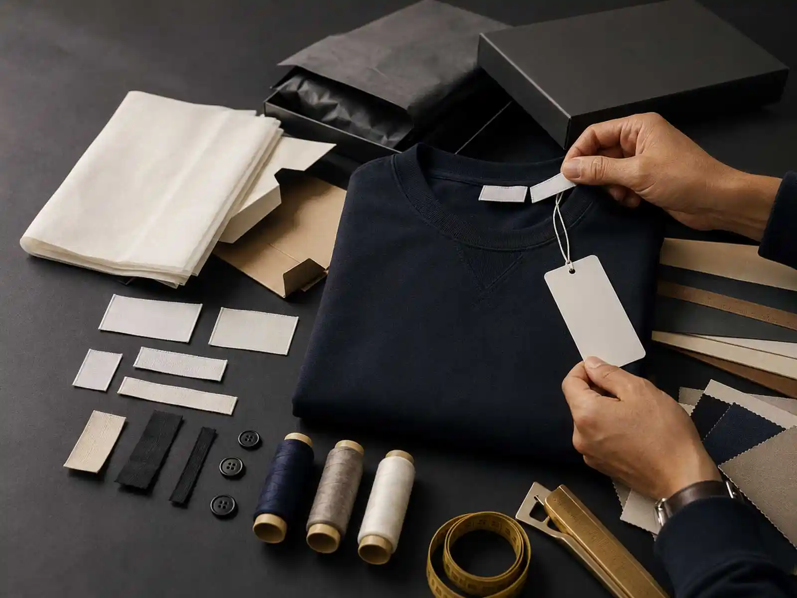 Private-label branding and packaging coordination with labels, hangtags and presentation packing