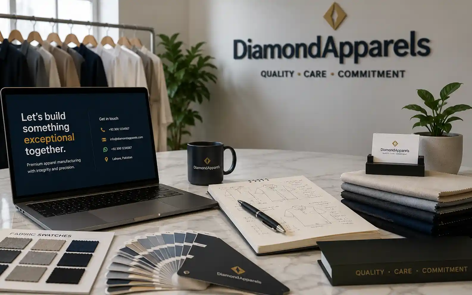 Apparel consultation workspace with fabric swatches and production notes