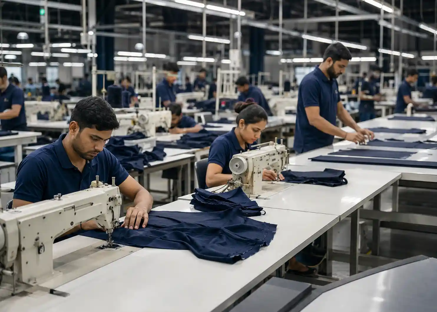 Garment production team working across sewing, cutting and assembly stages