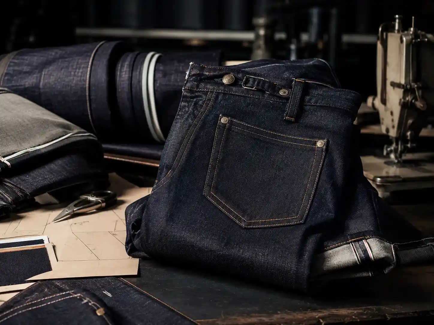 Premium denim jeans with precision stitching and manufacturing details