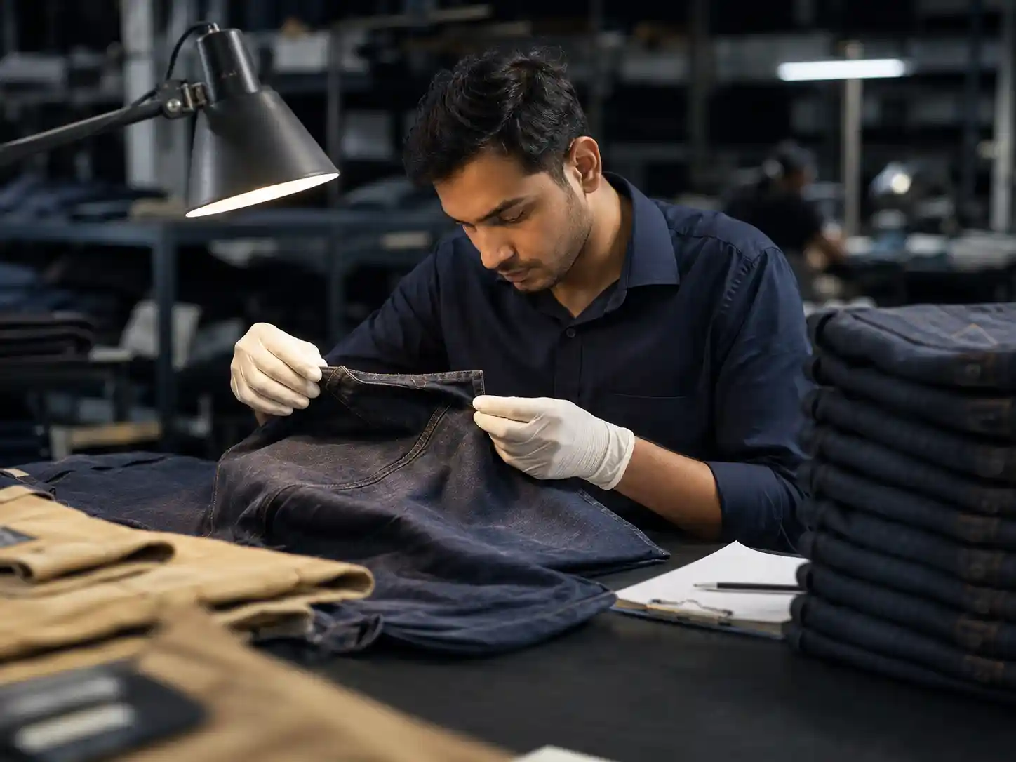 Garment quality inspector examining stitching and construction details