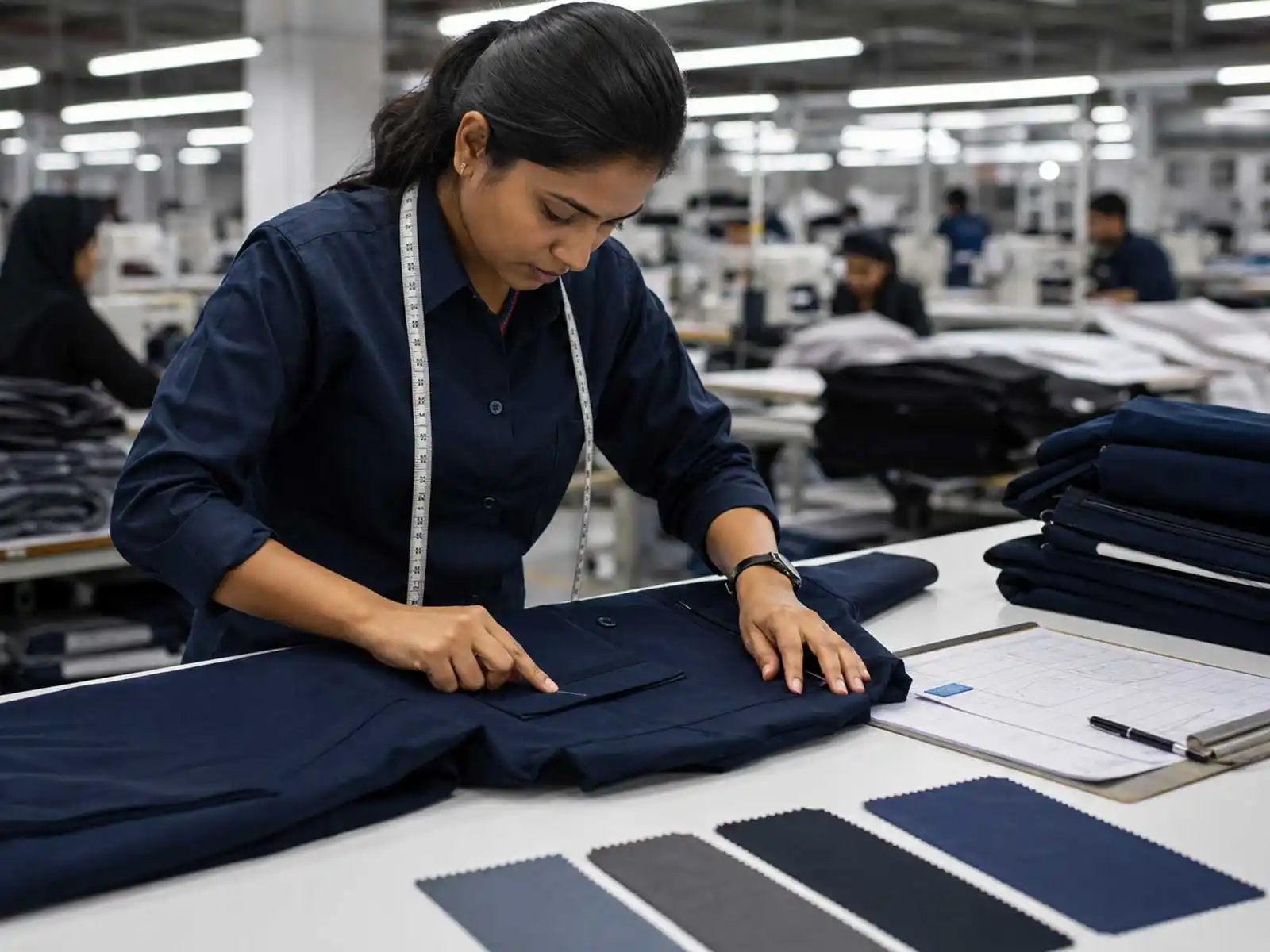 Quality inspector checking the measurements and finishing of a navy uniform garment
