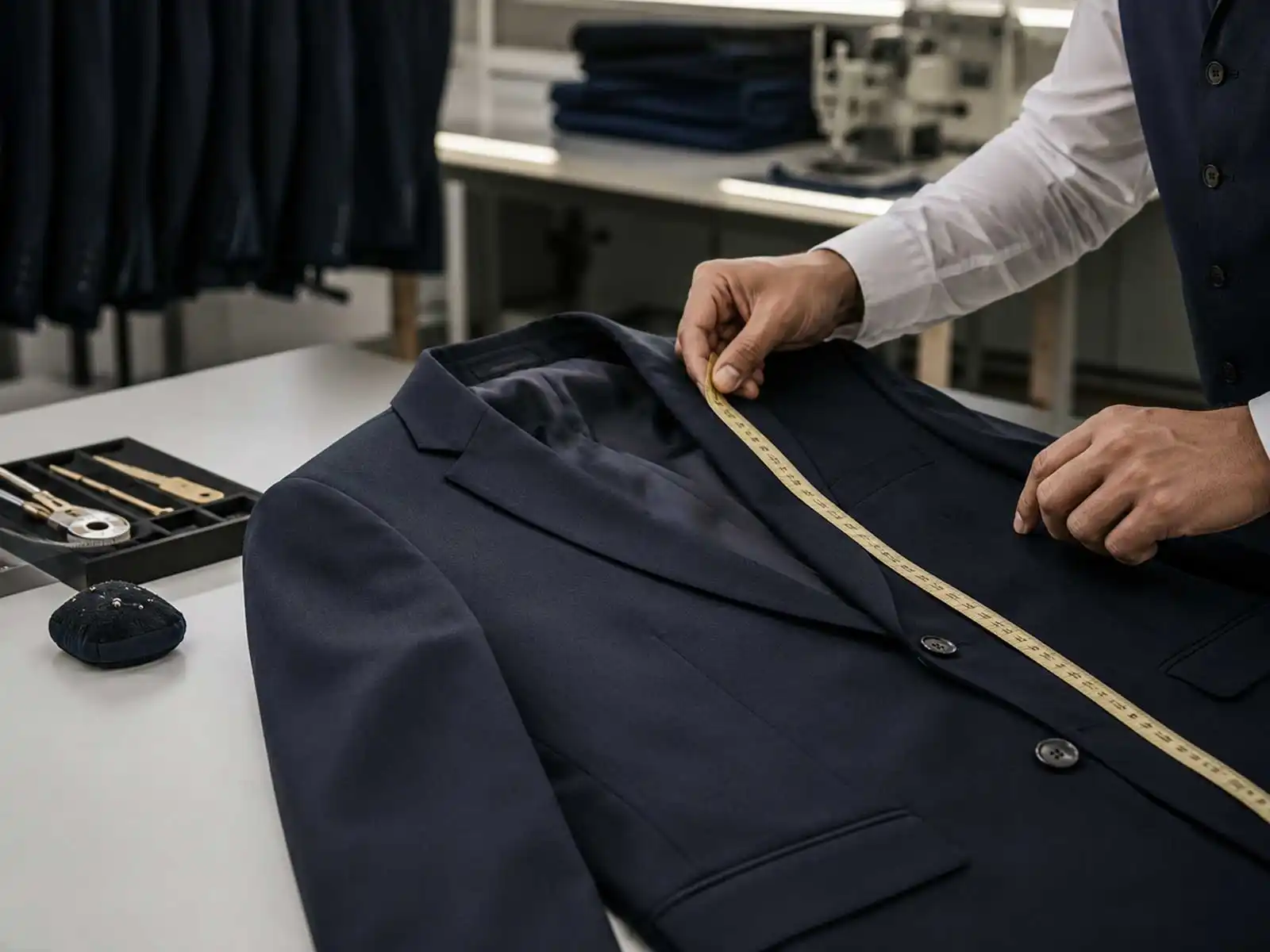 Quality inspector reviewing measurements and finishing on a corporate uniform garment