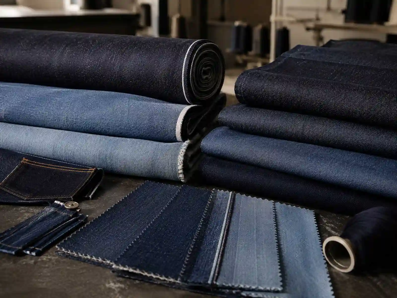 Denim fabric rolls and material options prepared for jeans manufacturing programmes