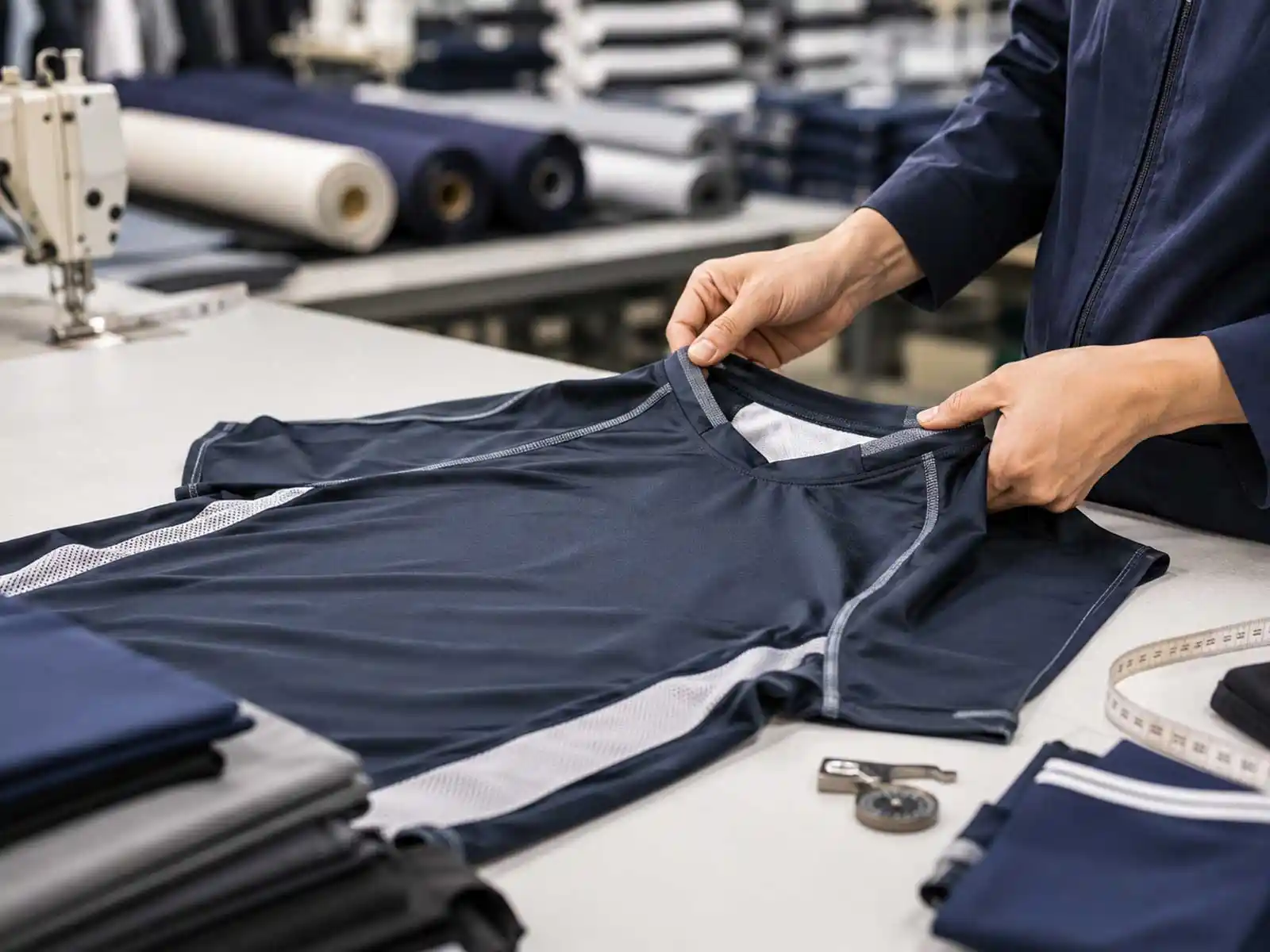 Quality inspector reviewing measurements and finishing on sports and activewear garments