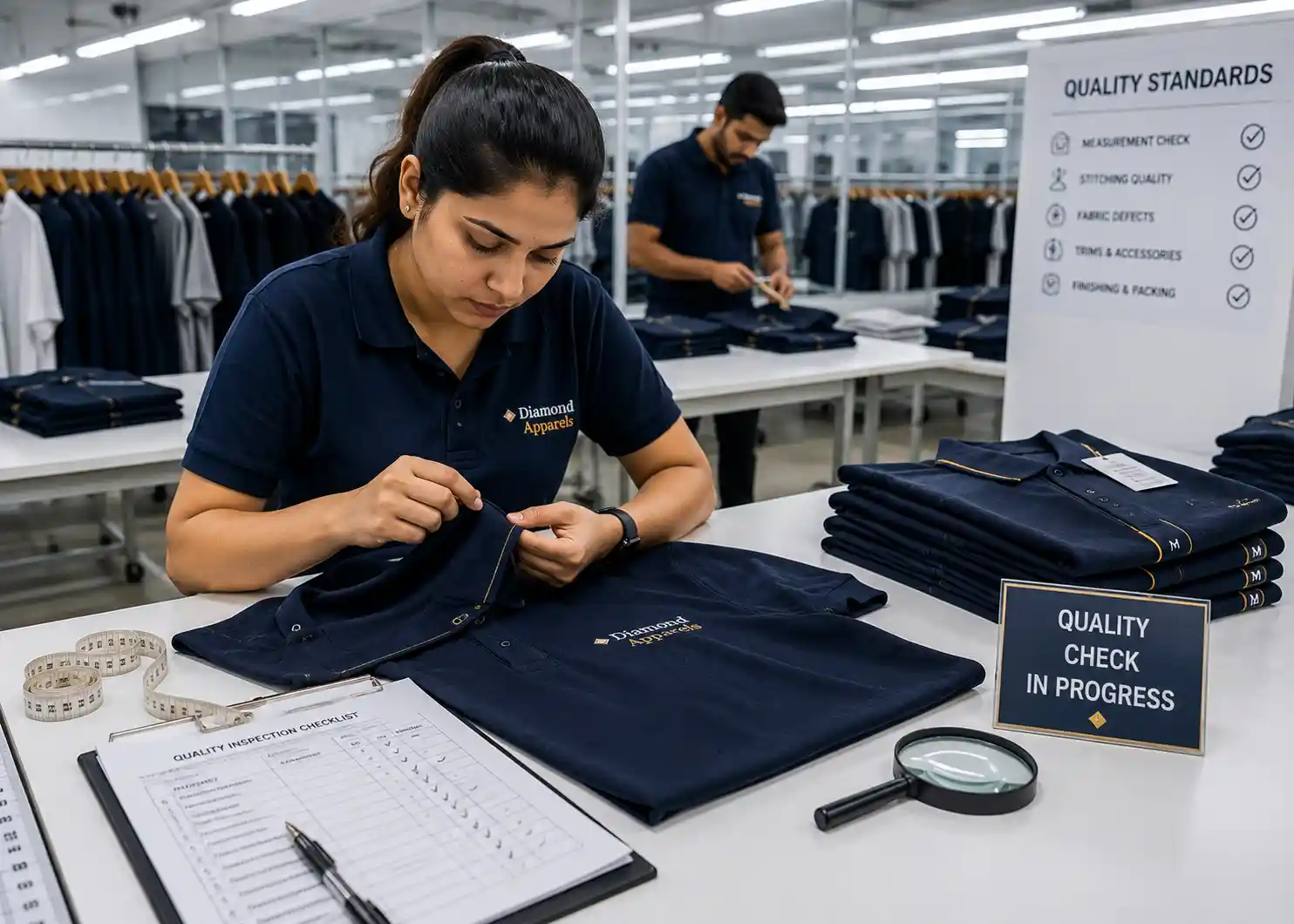 Quality inspector examining garment seams, stitching and finishing details