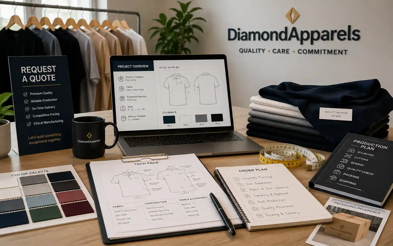 Apparel production briefing with tech packs, fabric samples and order planning